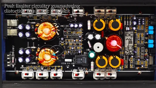 Amplifier circuit board — peak limiter circuitry for distortion-free music playback